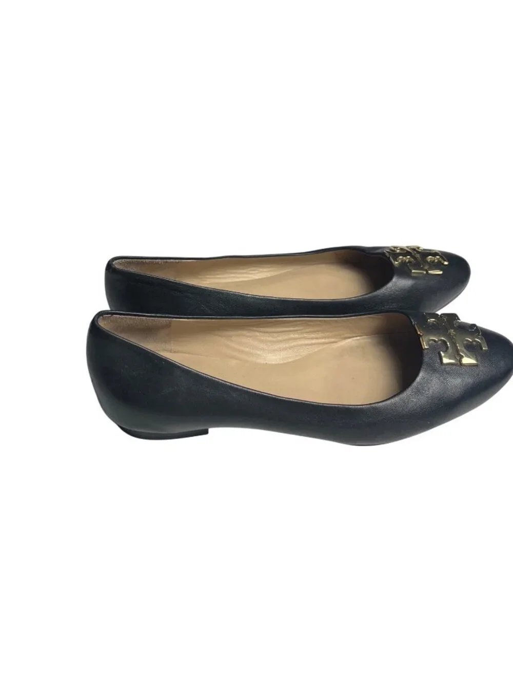Tory Burch Black Leather Logo Ballet Flats Womens Size 8M With Gold Hardware